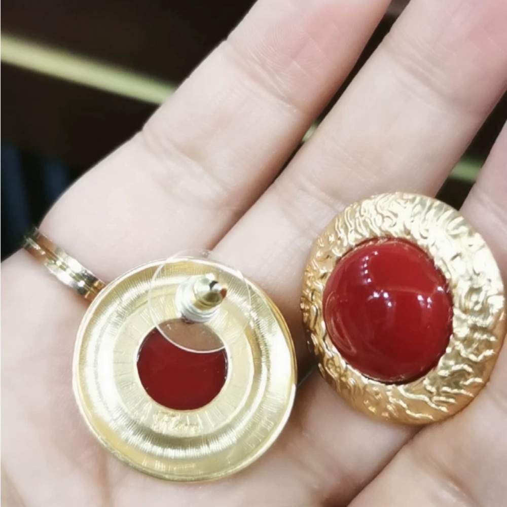 18K Gold Plated Italian Red Vintage Earrings - Picture 7 of 8